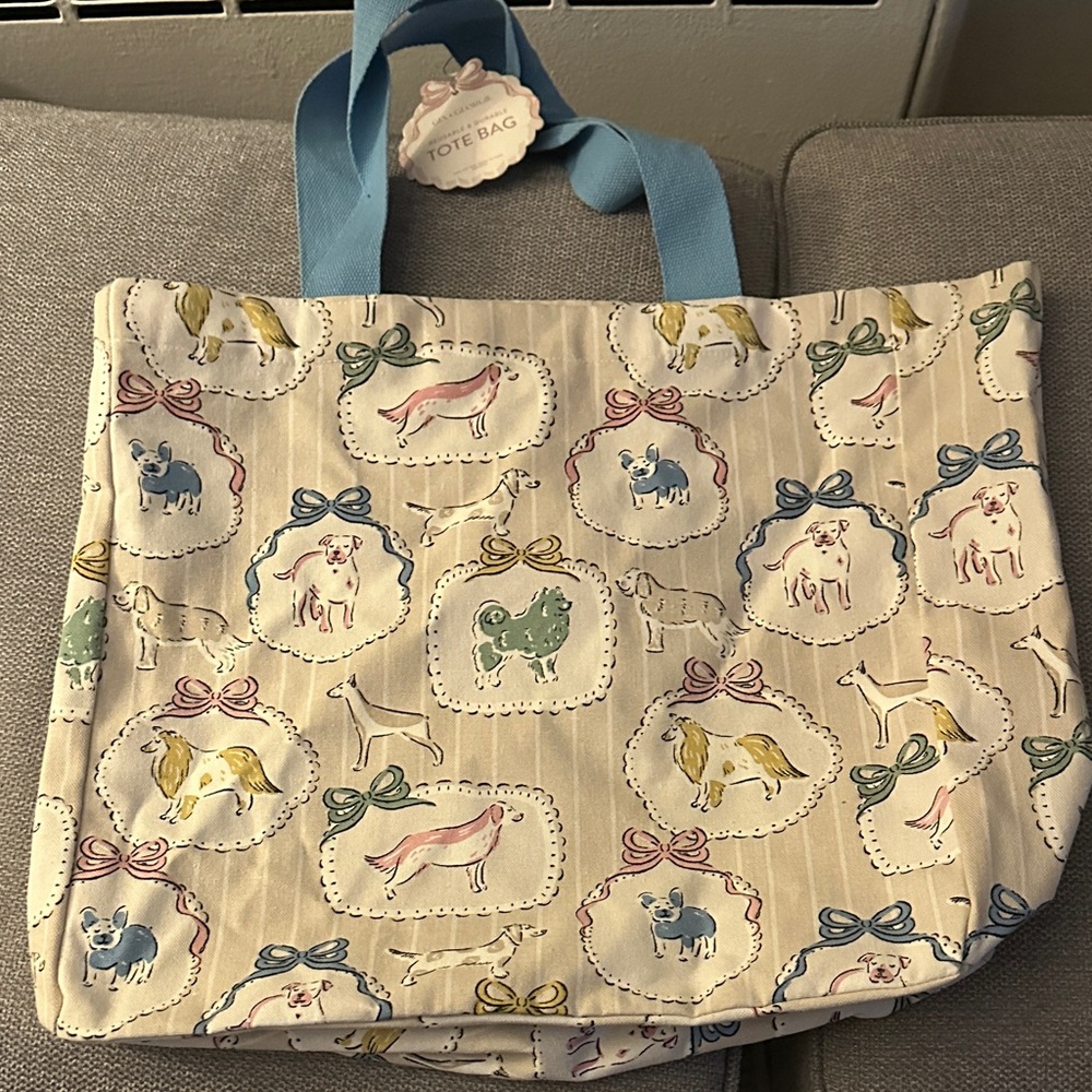 Whimsical Animal Print Tote Bag - Cream and Blue